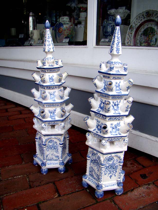 A Pair of Dutch Delft Chinoiserie style five tier tulip vases